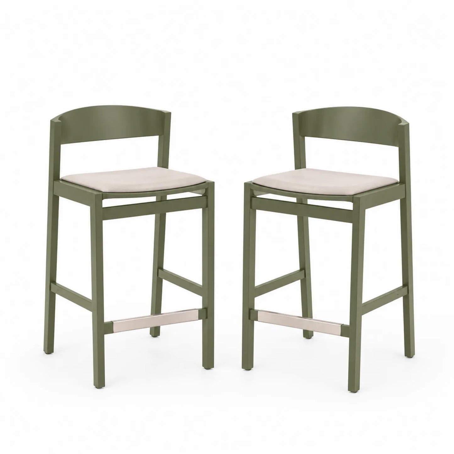 Set aus 2 Metall-Barhockern mit Rückenlehne, Olivgrün, Polstersitz Beige