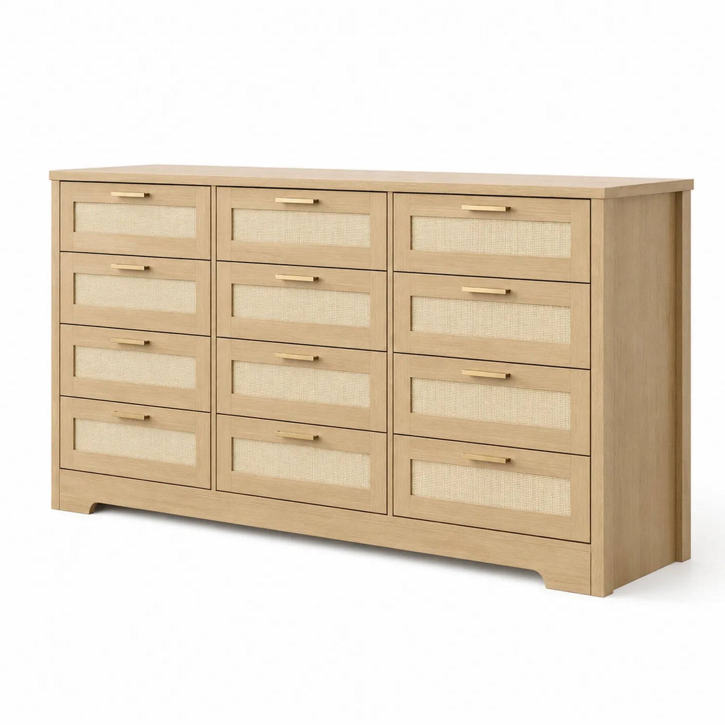 Kommode aus Eichenholz und Rattan mit 12 Schubladen, 160 cm