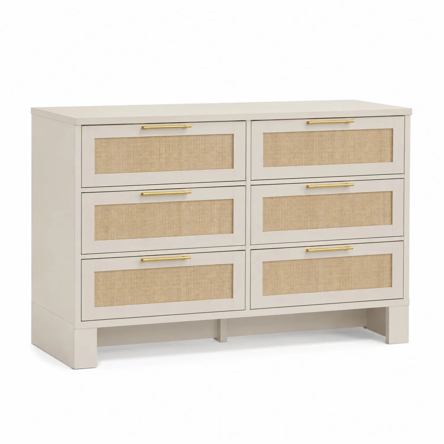 Holzkommode mit Rattanfronten und Metallgriffen, 6 Schubladen, Beige