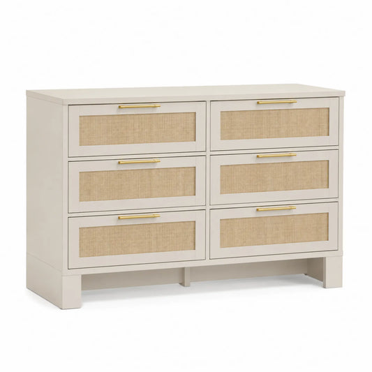 Holzkommode mit Rattanfronten und Metallgriffen, 6 Schubladen, Beige