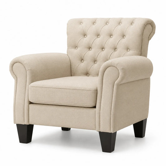 Leinensessel Beige Chesterfield Stil mit Holzfüßen