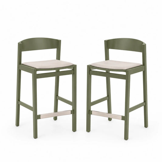 Set aus 2 Metall-Barhockern mit Rückenlehne, Olivgrün, Polstersitz Beige