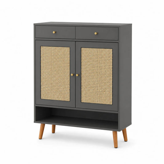 Schuhschrank aus Holz mit Rattan und Massivholzfüßen Grau/Natur 80x35x110cm