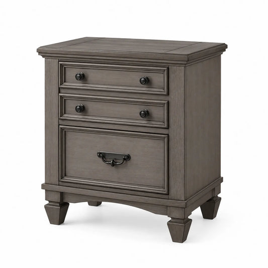 Nachttisch Eichenholz Grau mit 3 Schubladen 66x66x43cm