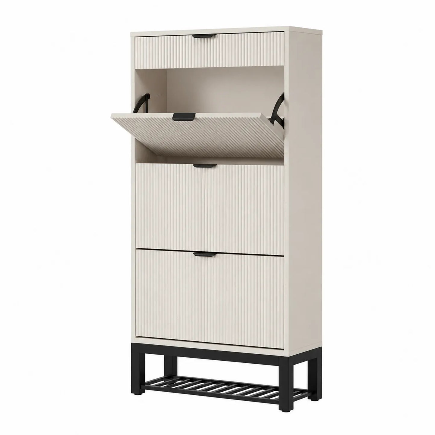 Schuhschrank aus Spanplatte und Stahl Beige 180cm mit 4 Fächern