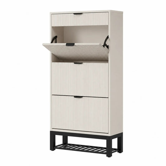 Schuhschrank aus Spanplatte und Stahl Beige 180cm mit 4 Fächern