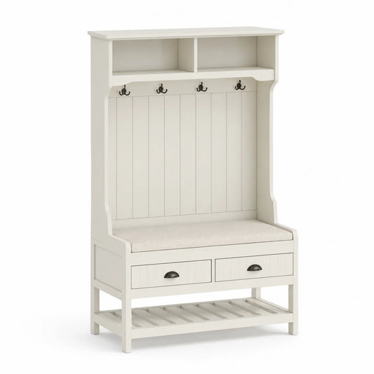 Garderobenständer mit Sitzbank Beige Kiefernholz und Metallhaken