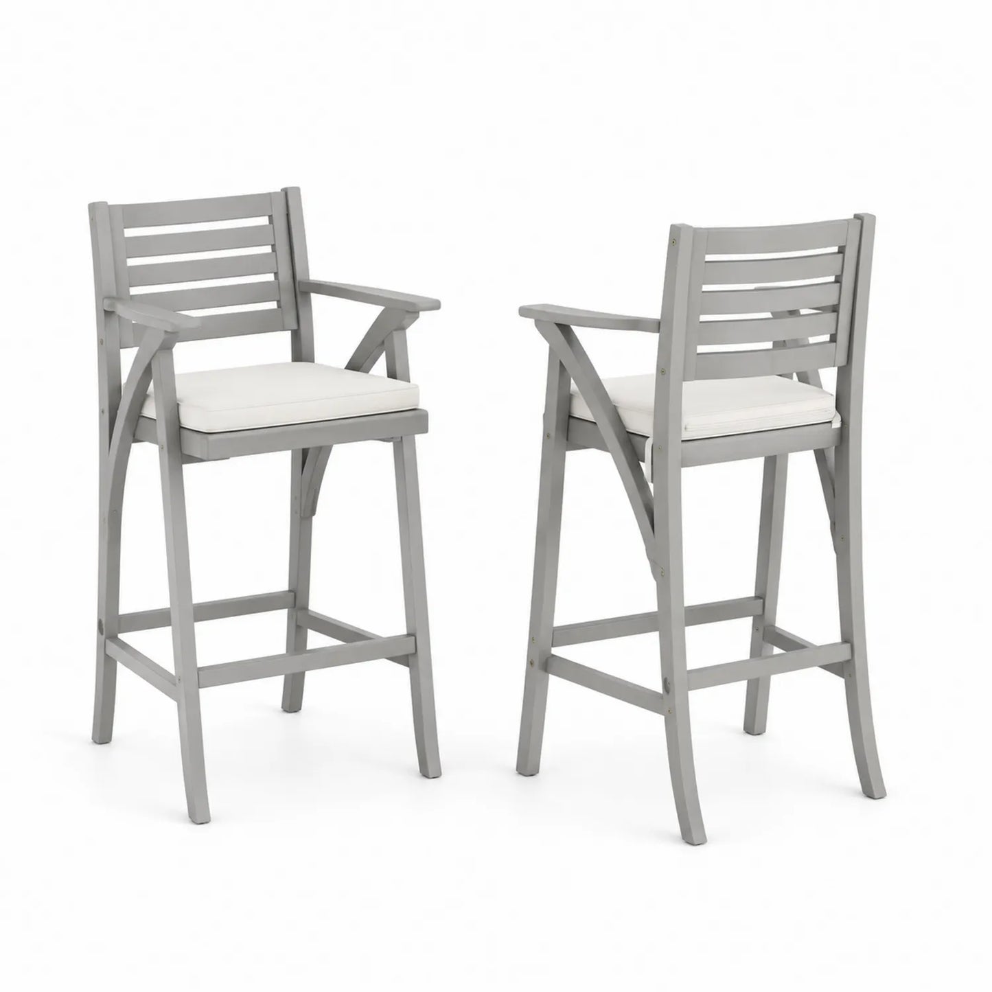 2er Set Barstühle Grau Akazienholz mit Kissen