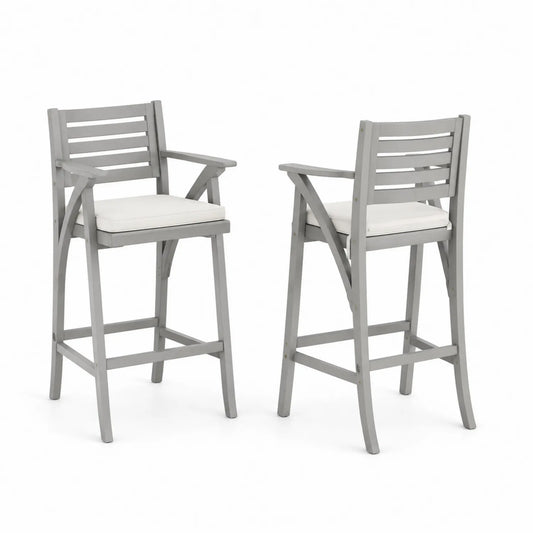 2er Set Barstühle Grau Akazienholz mit Kissen