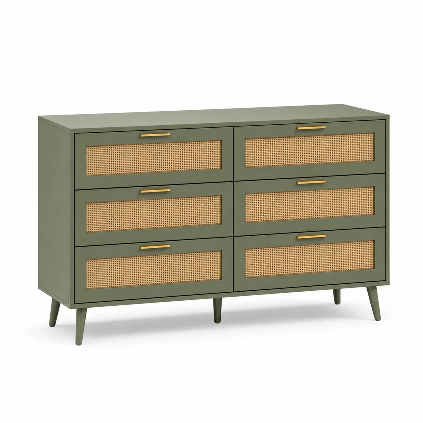 Holz-Kommode mit 6 Schubladen und Rattangeflecht, Grün