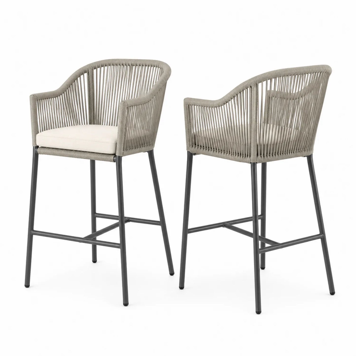 2er Set Barhocker mit Armlehnen aus Seil und Stahl Beige
