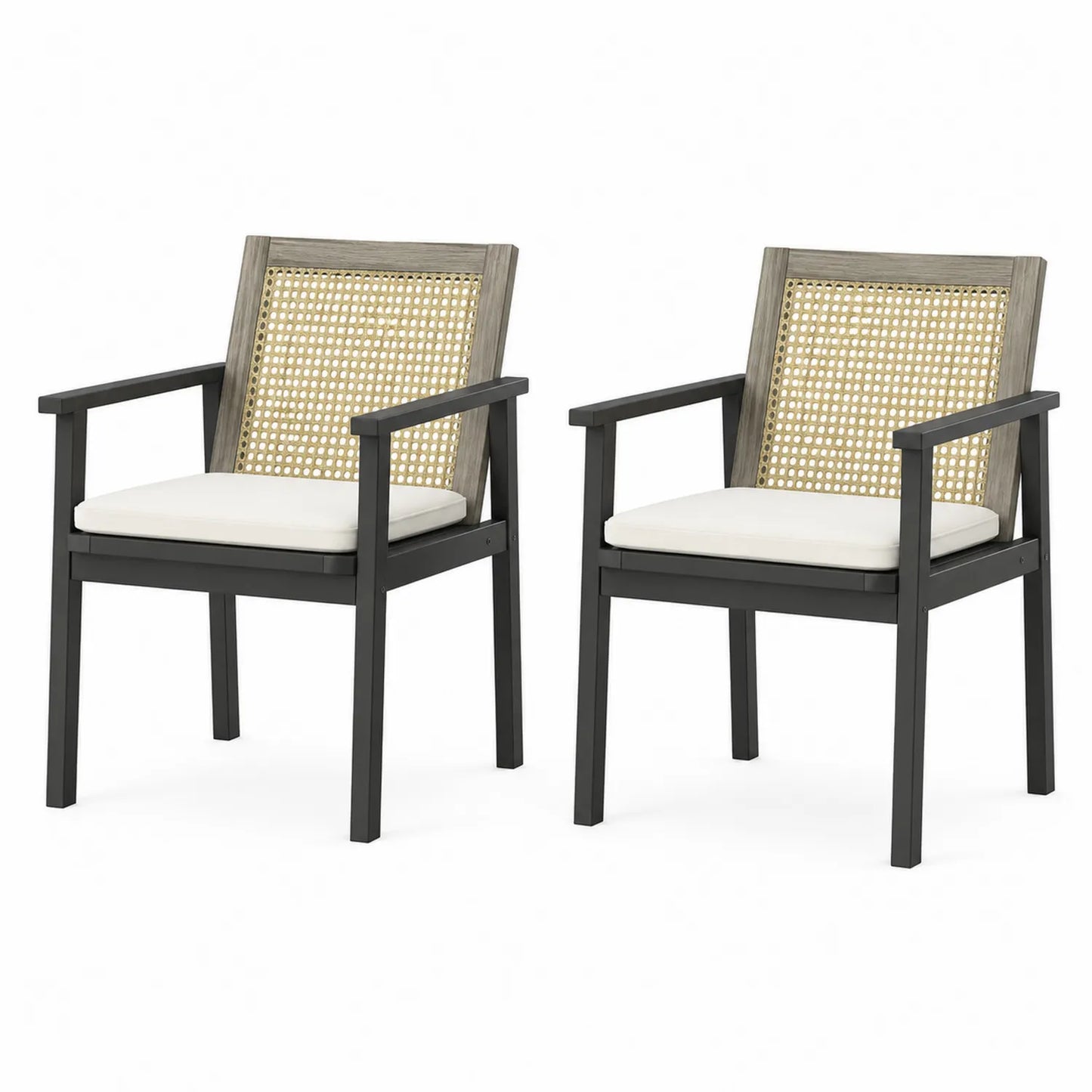 Metallstuhl Set mit Holzgeflecht und Kissen, 2er-Set, Creme