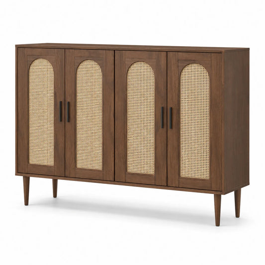 Sideboard Holz Braun mit Rattan-Türen 160x40x80 cm