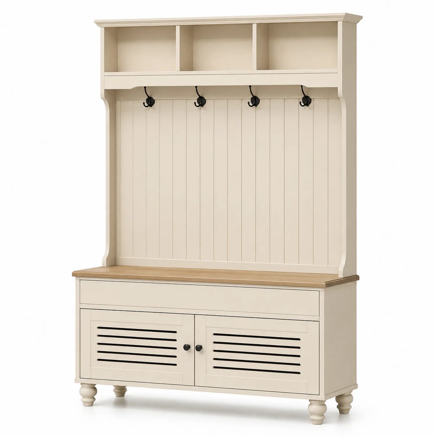 Garderobenständer mit Sitzbank aus MDF-Holz und Metall, Creme, 4 Haken, 3 Fächer