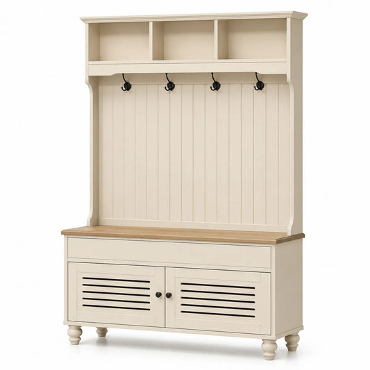 Garderobenständer mit Sitzbank aus MDF-Holz und Metall, Creme, 4 Haken, 3 Fächer