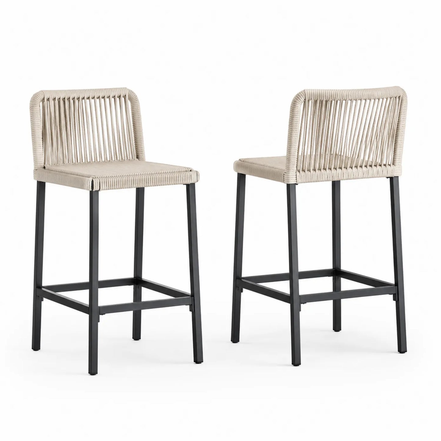 Set aus 2 Barhockern mit Rückenlehne Polyrattan und Stahlgestell Beige